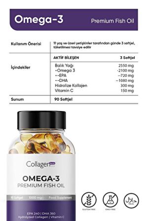 Omega 3 Premium Fish Oil, Balık Yağı, Hidrolize Kolajen, Vitamin C 1000mg 90 Softjel Kapsül