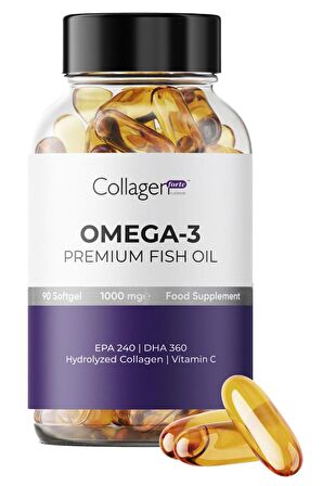 Omega 3 Premium Fish Oil, Balık Yağı, Hidrolize Kolajen, Vitamin C 1000mg 90 Softjel Kapsül