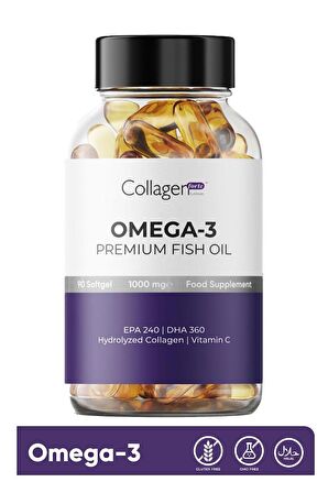 Omega 3 Premium Fish Oil, Balık Yağı, Hidrolize Kolajen, Vitamin C 1000mg 90 Softjel Kapsül