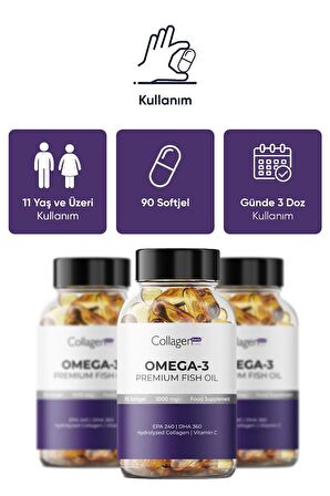 Omega 3 Premium Fish Oil, Balık Yağı, Hidrolize Kolajen, Vitamin C 1000mg 90 Softjel Kapsül