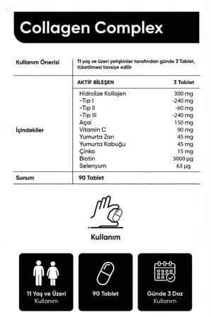 5 Tip Kolajen Complex Tip 1,2,3,5 Ve Tip 10 Biotin, Çinko, Selenyum, Vitamin C & Açai, 90 Tablet