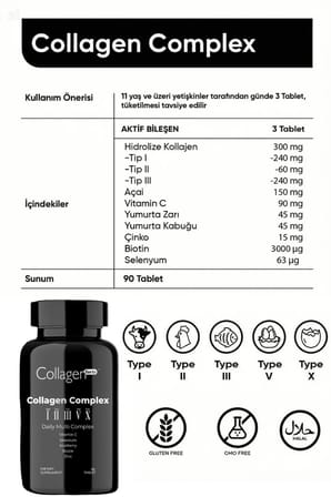 5 Tip Kolajen Complex Tip 1,2,3,5 Ve Tip 10 Biotin, Çinko, Selenyum, Vitamin C & Açai, 90 Tablet