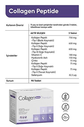 Premium 5 Tip Kolajen, Hyalüronik Asit, Çinko, Selenyum & Vitamin C, 90 Tablet