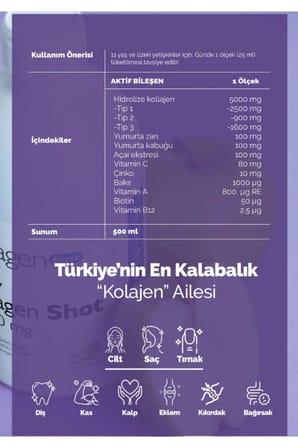 Collagenforte Collagen Shot 500ml 5 Tip Sıvı Kolajen, Biotin, B12, C Vitamini, Çinko & Retinol Kompleks