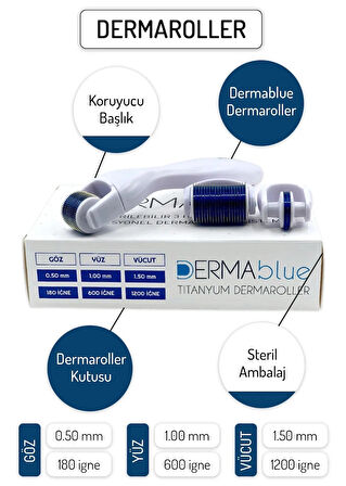 Dermablue 3in1 Dermaroller Değiştirilebilir 3 Başlıklı Titanyum Iğneli Derma Roller Seti