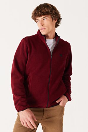 Regular Fit Normal Kesim Dik Yaka Fermuarlı Bordo Polar Ceket