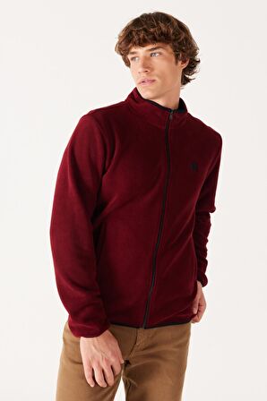 Regular Fit Normal Kesim Dik Yaka Fermuarlı Bordo Polar Ceket