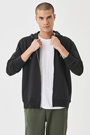 Regular Fit Normal Kesim %100 Pamuk Kapüşonlu Tam Fermuarlı Sweatshirt