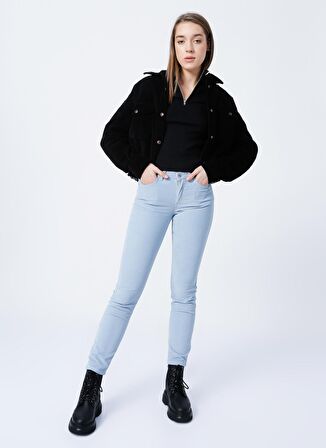 Slim Fit Dar Kesim Normal Bel Esnek Mavi Kadife Pantolon