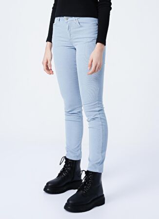 Slim Fit Dar Kesim Normal Bel Esnek Mavi Kadife Pantolon