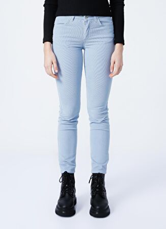 Slim Fit Dar Kesim Normal Bel Esnek Mavi Kadife Pantolon