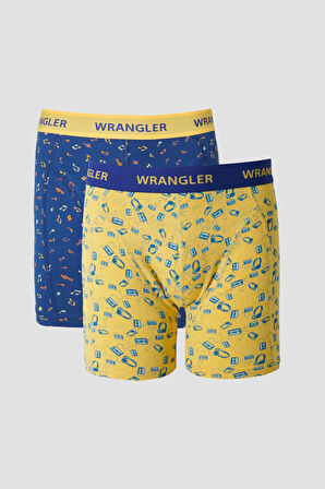 Jackhammer Regular Fit Mavi Sarı Desenli Logolu 2'li Boxer Paketi