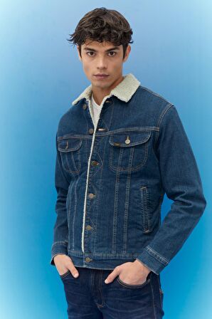 Regular Fit Normal Kesim Mavi Sherpa Jean Kot Ceket
