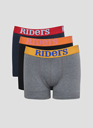 Riders By Lee Pamuklu Esnek Regular Fit Gri Melanj Siyah Lacivert Logolu 3'lü Boxer Paketi