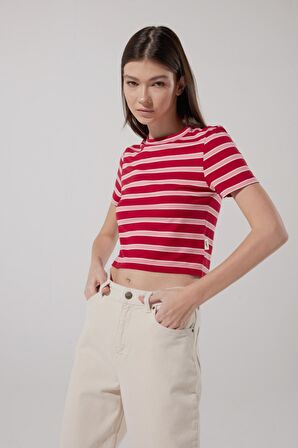Slim Fit Dar Kesim Bisiklet Yaka Kısa Kollu Crop Renkli Esnek Tişört