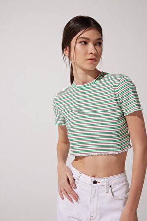 Slim Fit Dar Kesim Bisiklet Yaka Kısa Kollu Crop Renkli Esnek Tişört