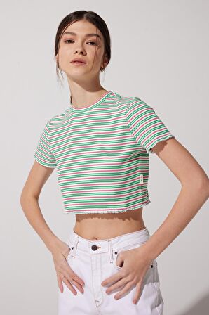 Slim Fit Dar Kesim Bisiklet Yaka Kısa Kollu Crop Renkli Esnek Tişört