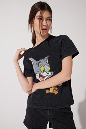 Regular Fit Normal Kesim %100 Pamuk Tom ve Jerry Baskılı Antrasit Tişört