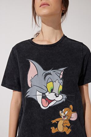 Regular Fit Normal Kesim %100 Pamuk Tom ve Jerry Baskılı Antrasit Tişört