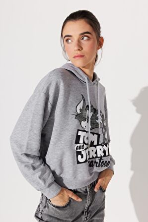 Regular Fit Normal Kesim Kapüşonlu Gri Melanj Tom ve Jerry Baskılı Sweatshirt