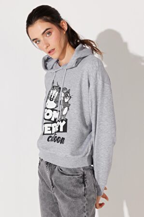 Regular Fit Normal Kesim Kapüşonlu Gri Melanj Tom ve Jerry Baskılı Sweatshirt