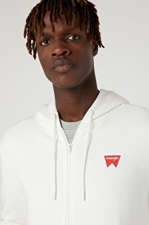 Regular Fit %100 Pamuk Kapüşonlu Tam Fermuarlı Beyaz Sweatshirt