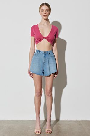 Regular Fit Normal Kesim Yüksek Bel Açık Mavi Esnek Jean Kot Şort