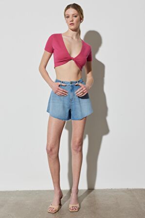 Regular Fit Normal Kesim Yüksek Bel Açık Mavi Esnek Jean Kot Şort