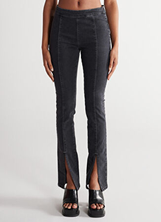 Wide Leg Fit Normal Bel Paça Yırtmaç Detaylı Siyah Esnek Jean Kot Pantolon