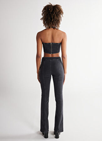 Wide Leg Fit Normal Bel Paça Yırtmaç Detaylı Siyah Esnek Jean Kot Pantolon