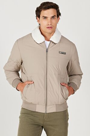 Regular Fit Normal Kesim Bej Sherpa Bomber Ceket