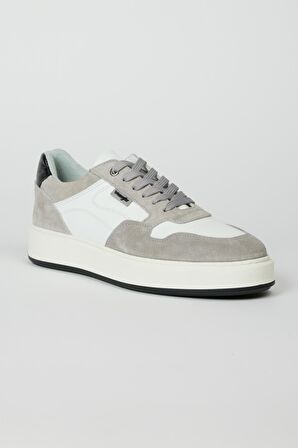 %100 Deri Beyaz-Gri Süet Sneaker Ayakkabı