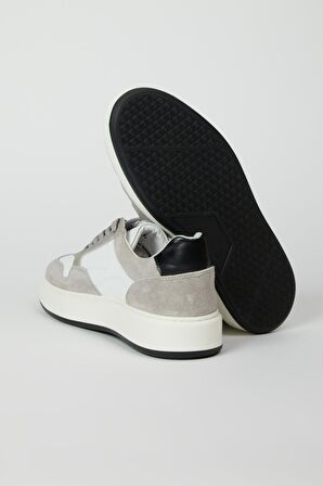 %100 Deri Beyaz-Gri Süet Sneaker Ayakkabı