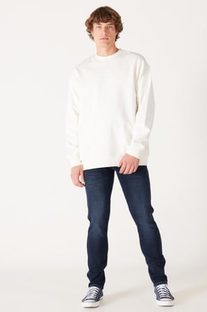 Loose Fit Rahat Kesim %100 Pamuk Bisiklet Yaka Kırık Beyaz Sweatshirt