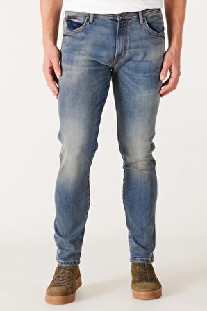 Slim Fit Dar Kesim Düşük Bel Taşlamalı Mavi Esnek Larston Jean Denim Kot Pantolon