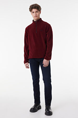 Regular Fit Normal Kesim Dik Yaka Yarım Fermuarlı Bordo Polar