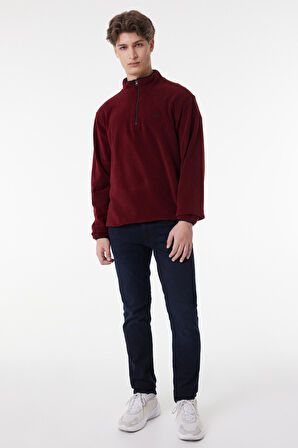 Regular Fit Normal Kesim Dik Yaka Yarım Fermuarlı Bordo Polar