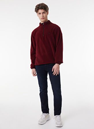 Regular Fit Normal Kesim Dik Yaka Yarım Fermuarlı Bordo Polar