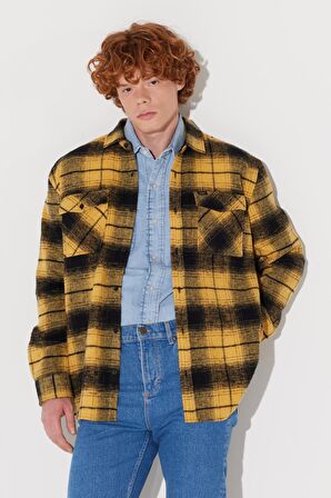 Loose Fit Rahat Kesim Ekose Hardal Siyah Şardonlu Uzun Kollu Gömlek