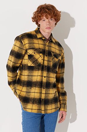 Loose Fit Rahat Kesim Ekose Hardal Siyah Şardonlu Uzun Kollu Gömlek