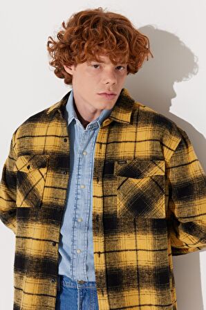 Loose Fit Rahat Kesim Ekose Hardal Siyah Şardonlu Uzun Kollu Gömlek