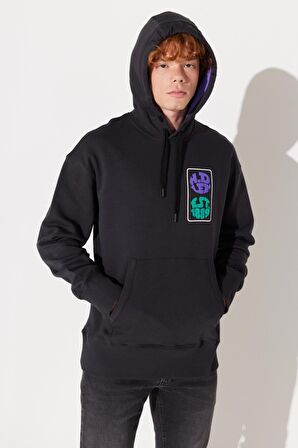 Loose Fit Rahat Kesim Kapüşonlu İçi Polarlı Sırt Baskılı Antrasit Sweatshirt