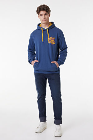 Regular Fit Normal Kesim Kapüşonlu Şardonlu İndigo Sweatshirt