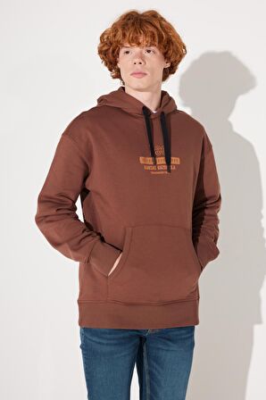 Loose Fit Rahat Kesim Kapüşonlu Şardonlu Kahverengi Sweatshirt