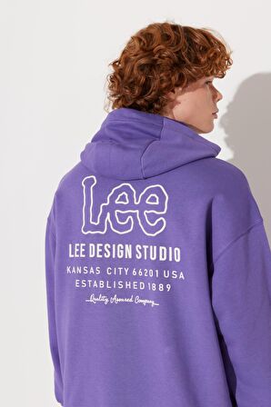 Loose Fit Rahat Kesim Kapüşonlu İçi Polarlı Sırt Baskılı Mor Sweatshirt