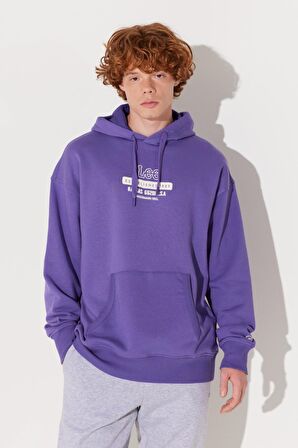 Loose Fit Rahat Kesim Kapüşonlu İçi Polarlı Sırt Baskılı Mor Sweatshirt