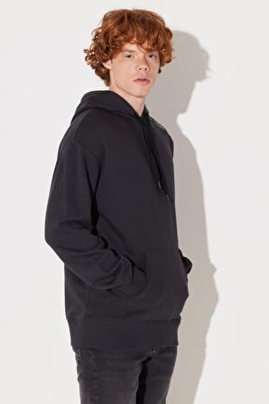 Loose Fit Rahat Kesim Kapüşonlu İçi Polarlı Sırt Baskılı Antrasit Sweatshirt