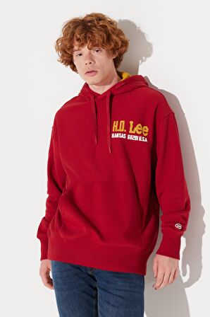 Loose Fit Rahat Kesim Kapüşonlu Şardonlu Kırmızı Sweatshirt