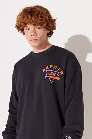 Loose Fit Rahat Kesim Bisiklet Yaka İçi Polarlı Sırt Baskılı Antrasit Sweatshirt