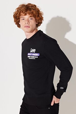Regular Fit Normal Kesim Bisiklet Yaka Şardonlu Siyah Sweatshirt